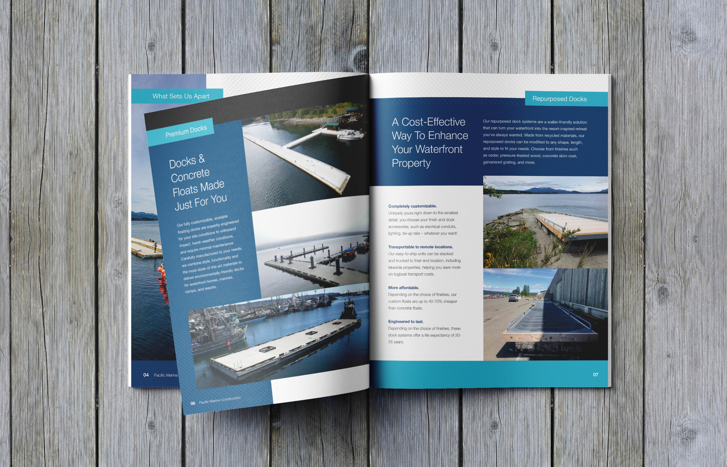 Magazine / brochure with Pacific Marine Construction's service offerings. Print collateral by Array.