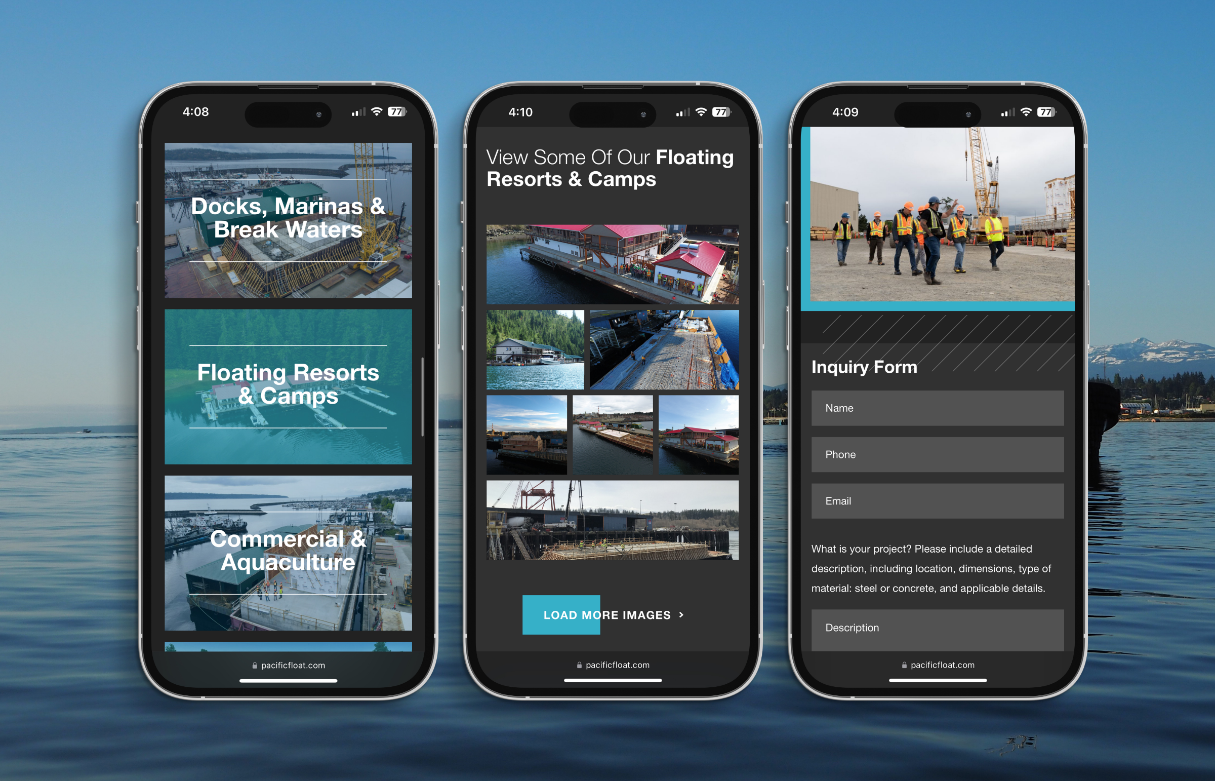 Mobile phone mockups displaying various sections of Pacific Marine Construction's website. Brand visibility strategy and web design by Array.