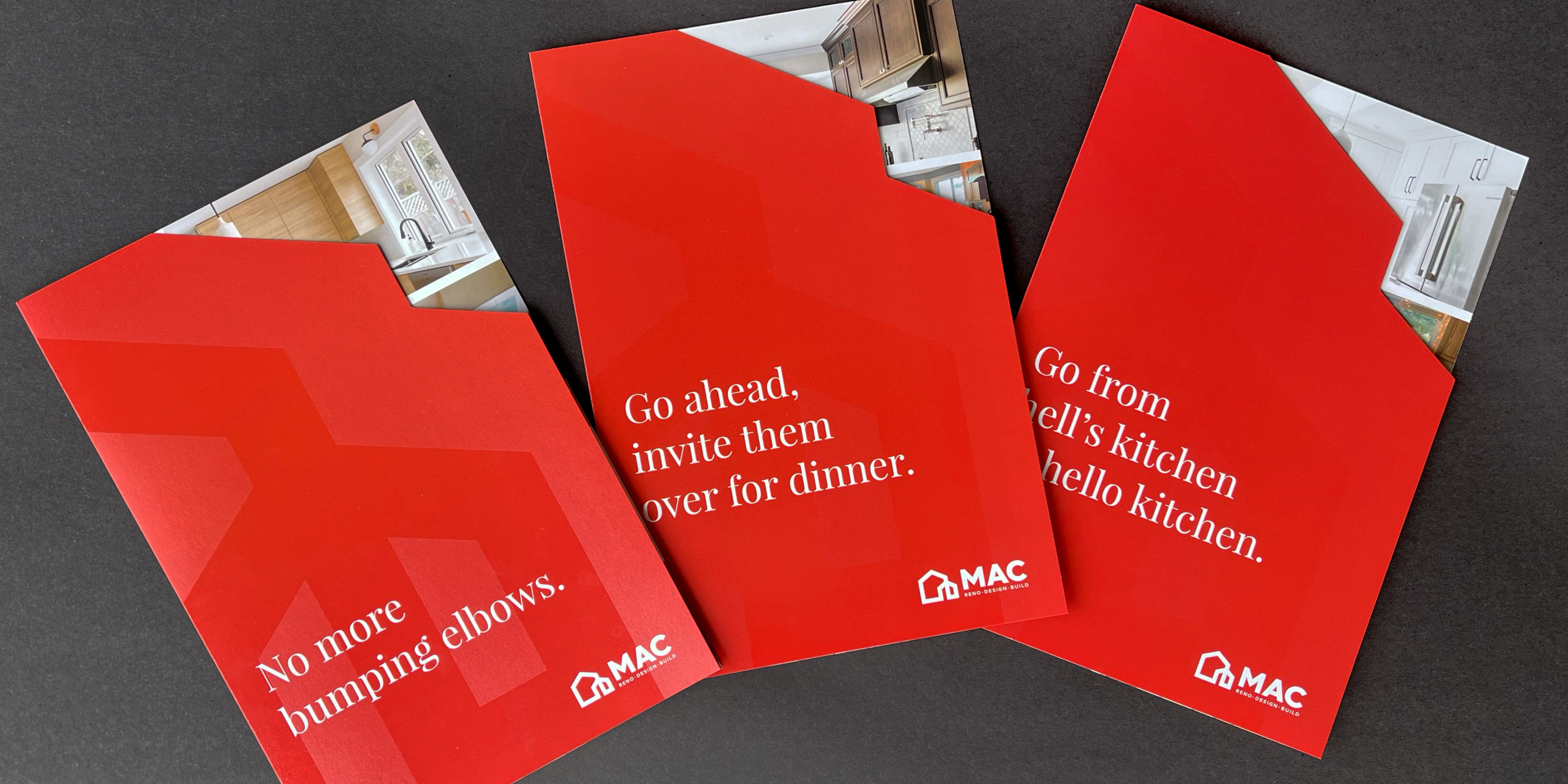 Three red custom-designed direct mail marketing pieces featuring angled cutout sleeves and bold white typography, showcasing MAC’s home renovation messaging and demonstrating high-quality print and direct mail marketing services.