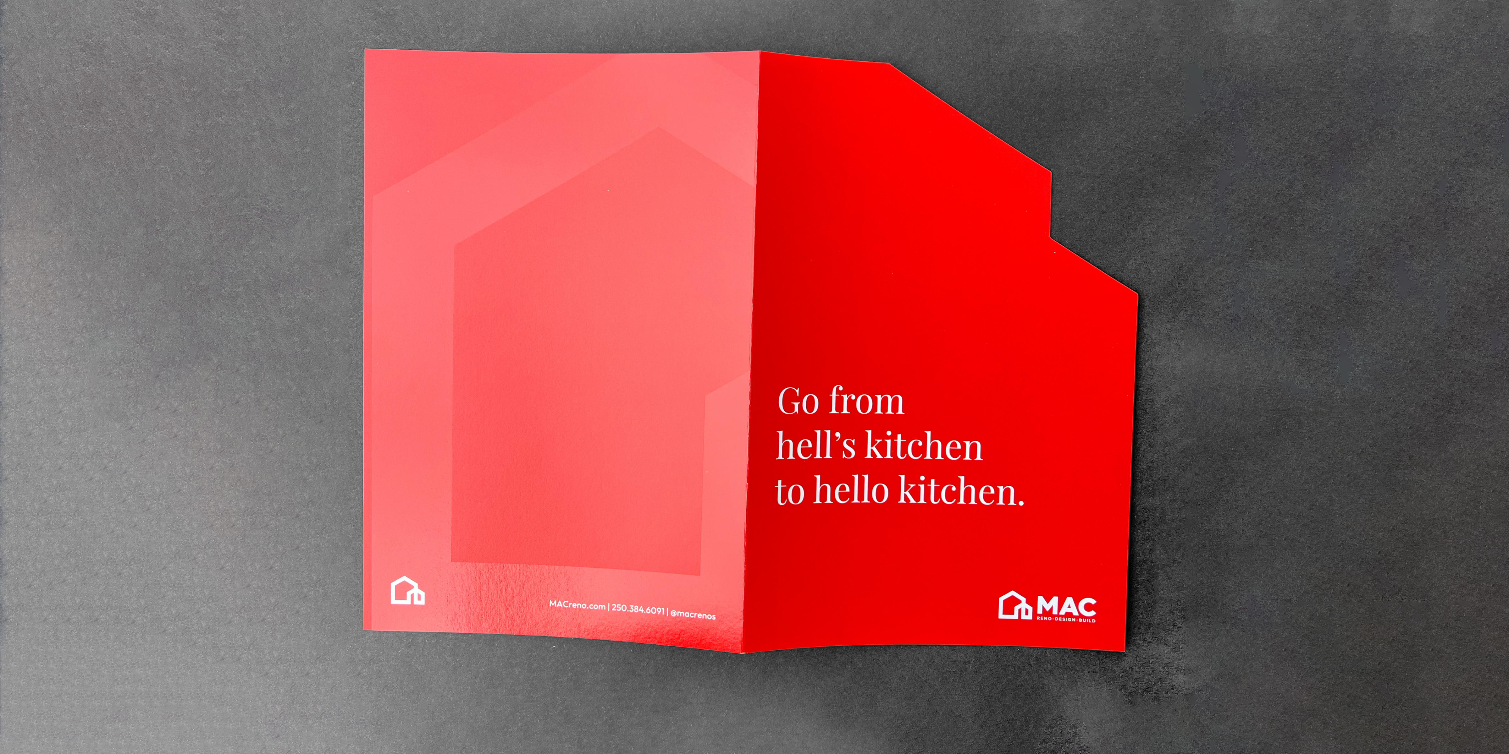 Red custom-designed direct mailer piece featuring bold white typography, showcasing MAC’s home renovation messaging and demonstrating high-quality print and direct mail marketing services.